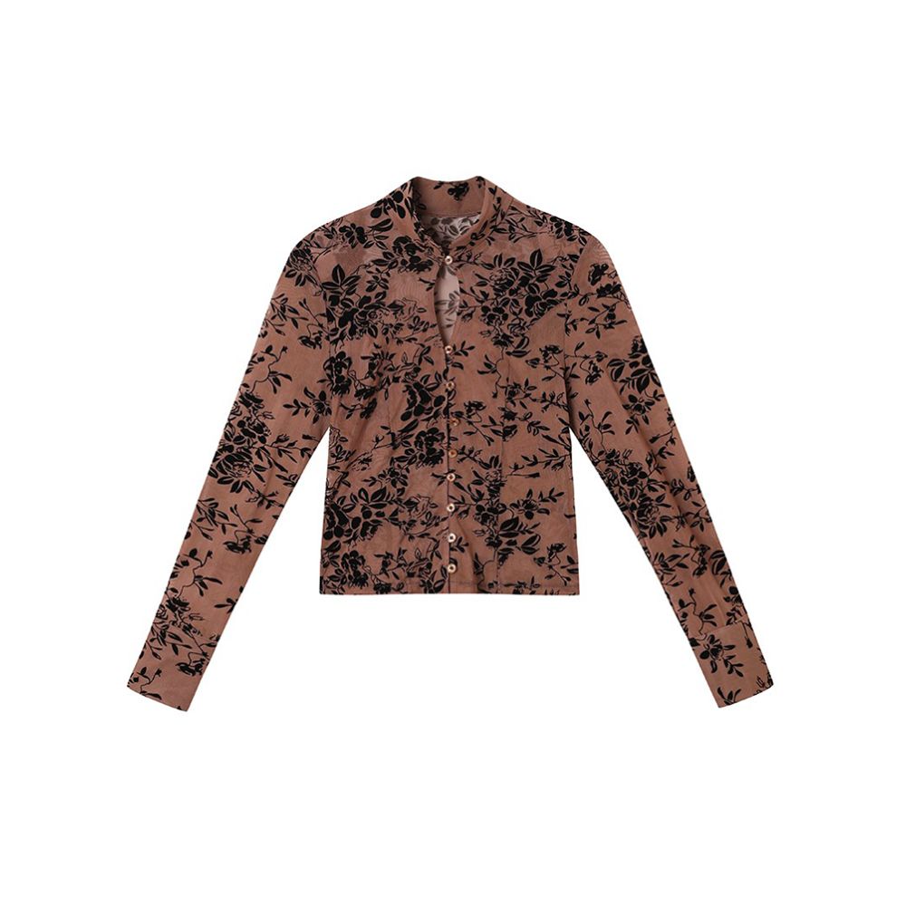 SALE6 Fold Blue Dot Original Design Plush Pattern Mesh Elastic Stand Collar Slimming Bottom Shirt image 1