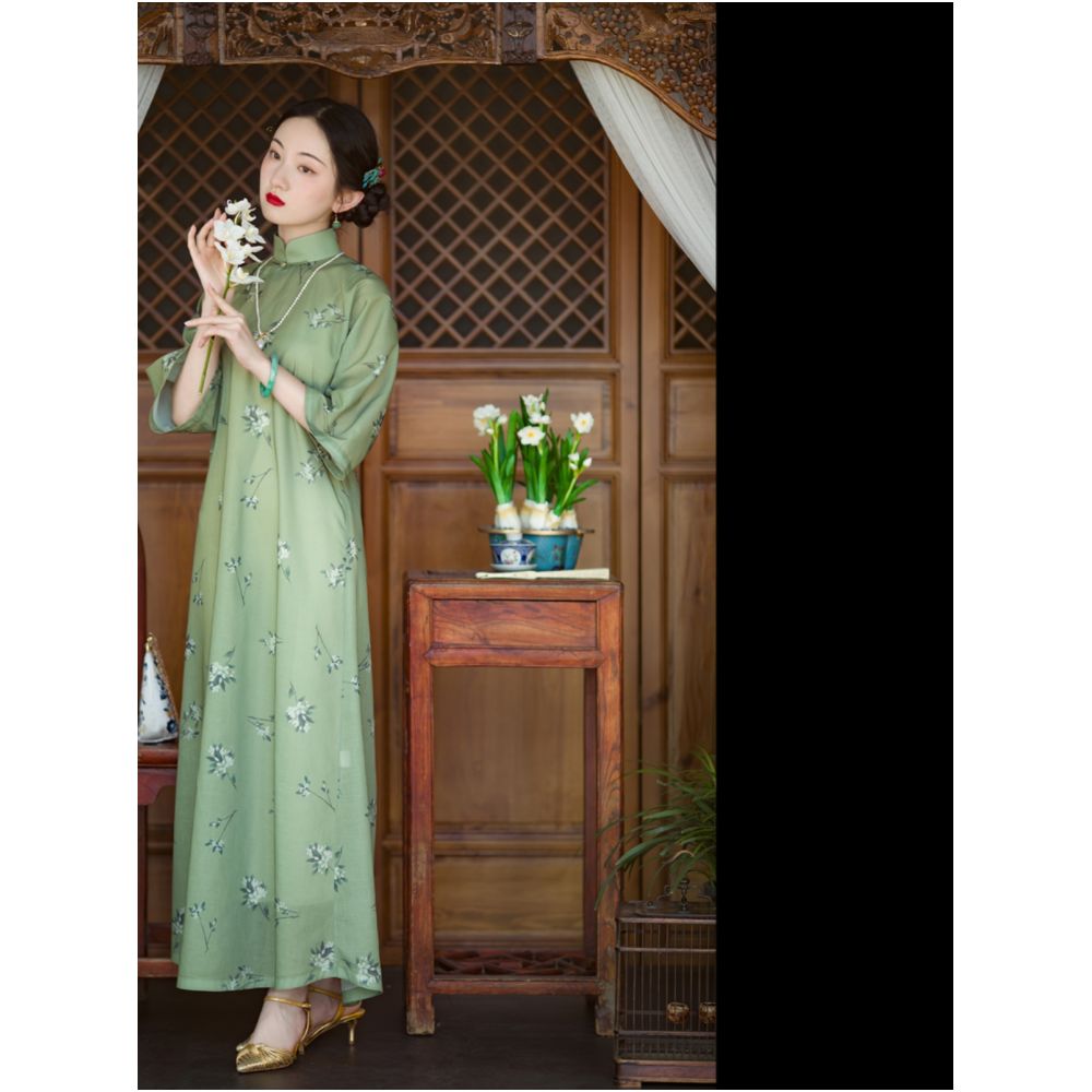 Wilderness in the mountains and wilderness One city style fluff Inverted sleeves printed with retro Republic of China style cheongsam for daily wear Original image 1