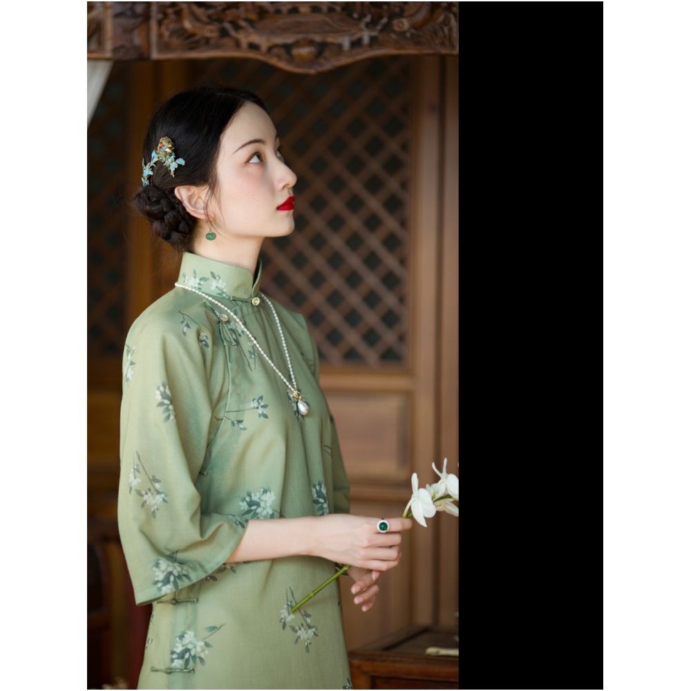 Wilderness in the mountains and wilderness One city style fluff Inverted sleeves printed with retro Republic of China style cheongsam for daily wear Original image 2