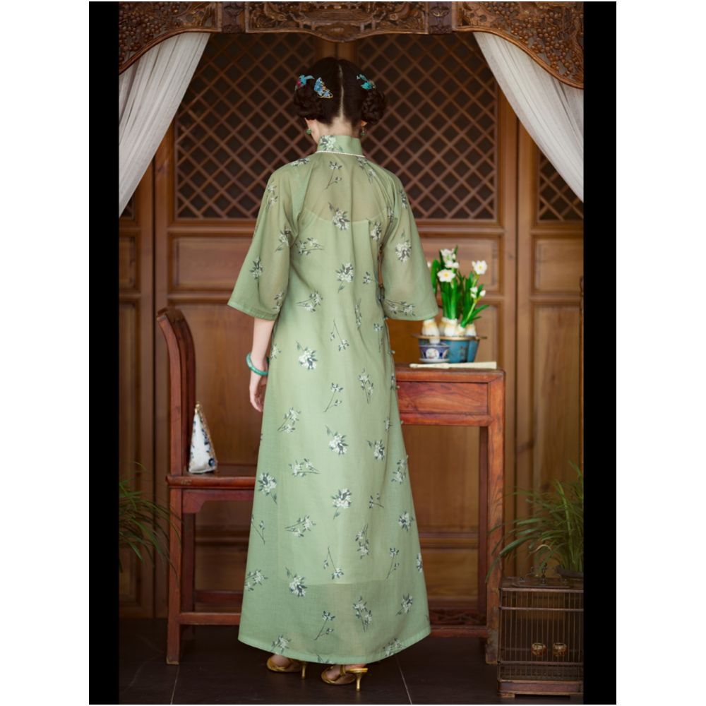 Wilderness in the mountains and wilderness One city style fluff Inverted sleeves printed with retro Republic of China style cheongsam for daily wear Original image 3