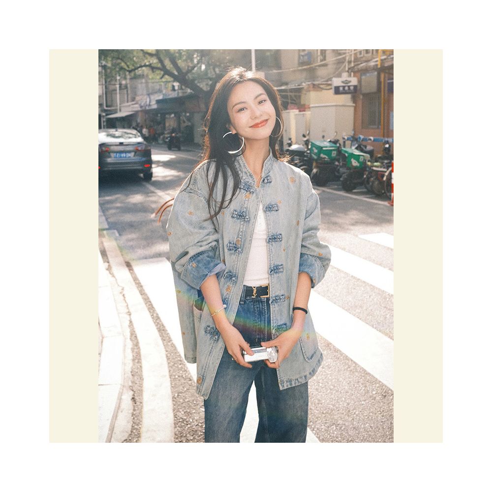 New Chinese style women s clothing for autumn 2025 with a high end feel and super beautiful fashion Blue denim buckle short jacket image 10