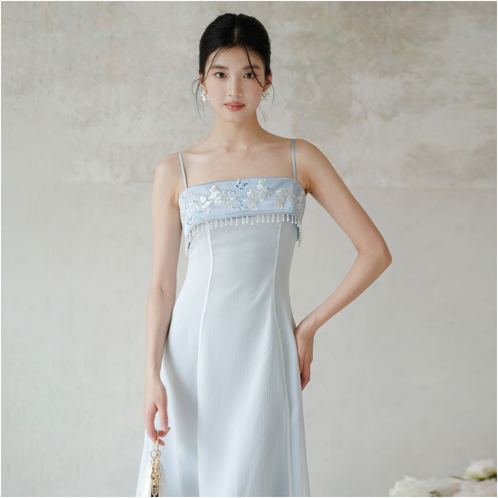 Chuchanyishi new Chinese style suspender dress female 25 summer embroidery A line vest blue tube top long skirt image 1