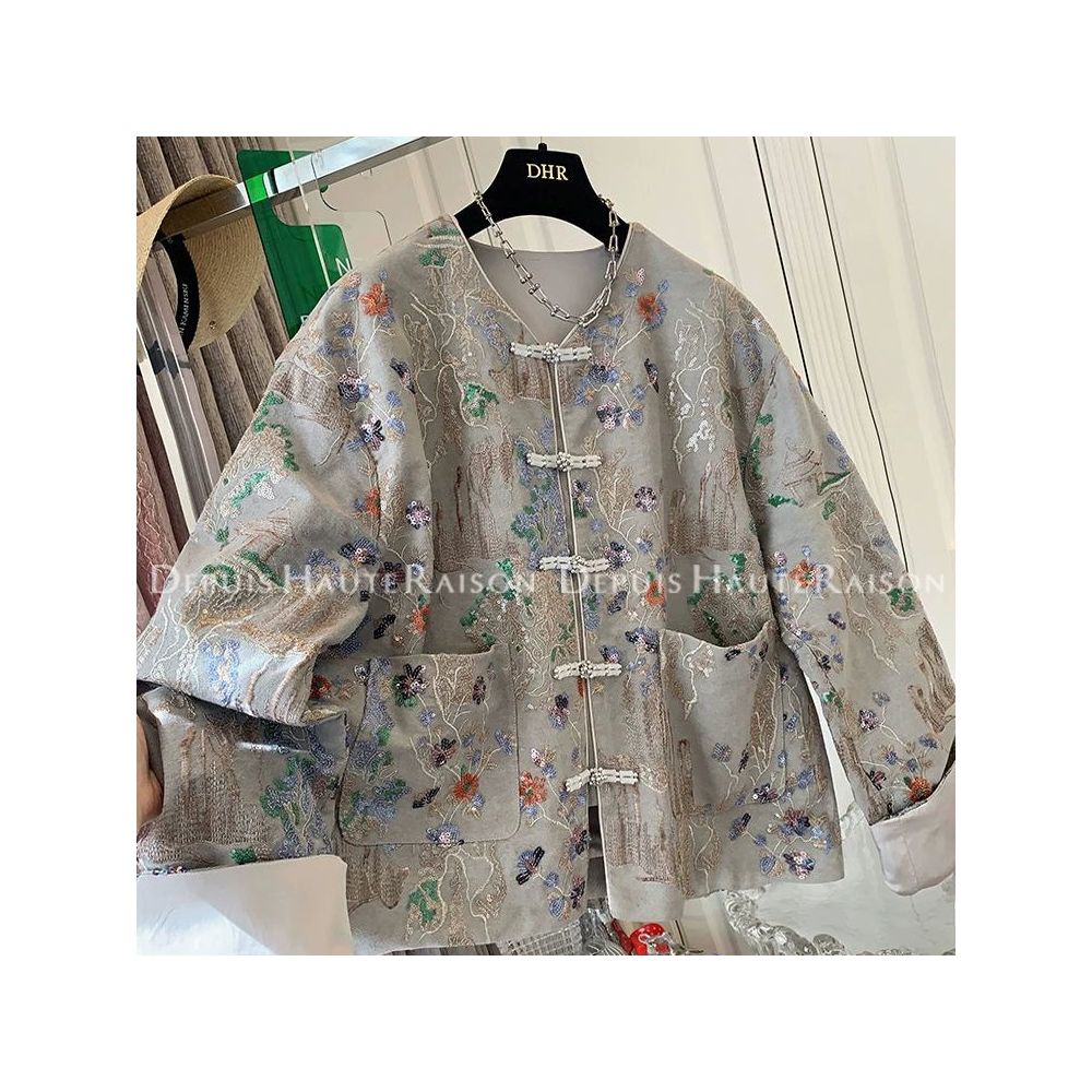 300 Jin large size high end new Chinese style sequined jacket for men and women spring and autumn ins style embroidered buttons slim denim jacket image 0