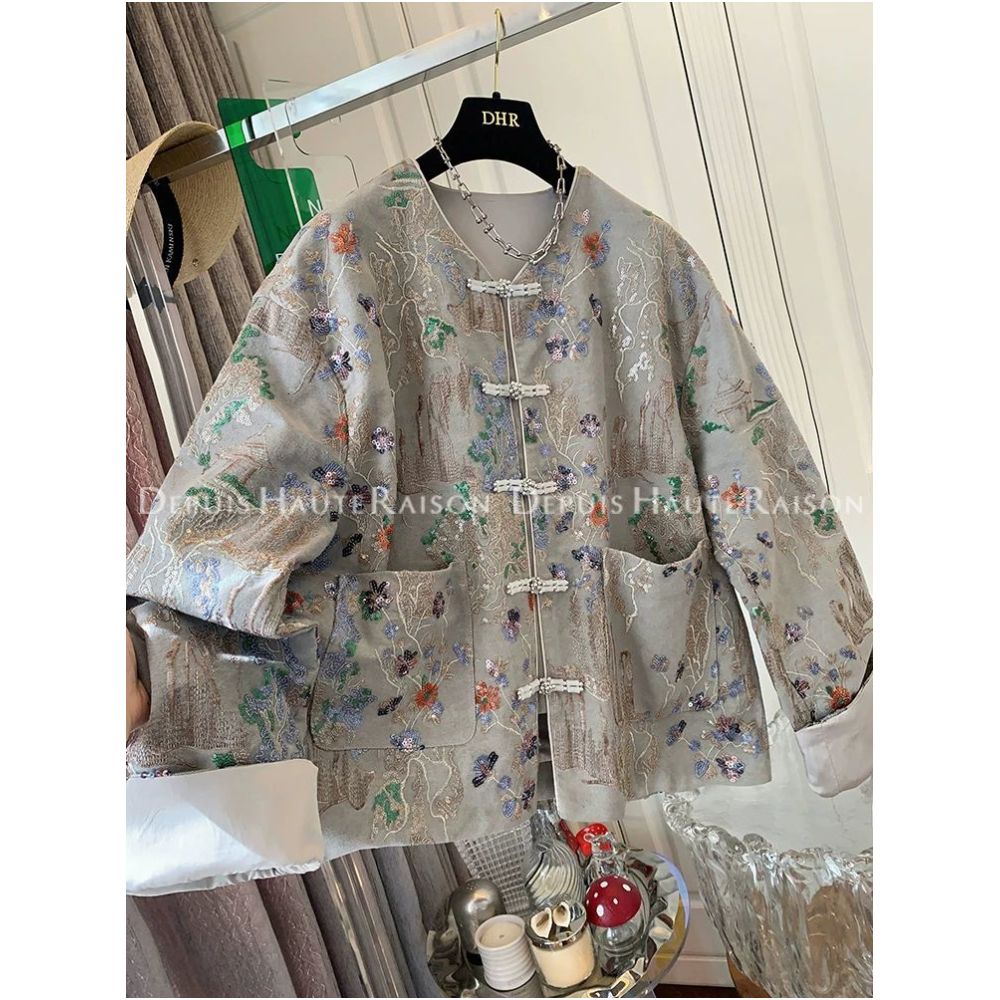 300 Jin large size high end new Chinese style sequined jacket for men and women spring and autumn ins style embroidered buttons slim denim jacket image 10