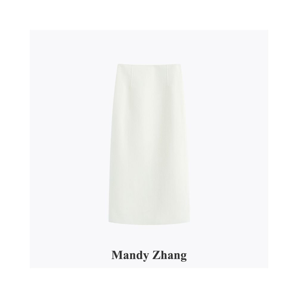 MandyZhang White 100 Sheepskin High Waist Straight Tube Woolen Woolen Half Skirt for Women Winter High End Long Skirt image 13