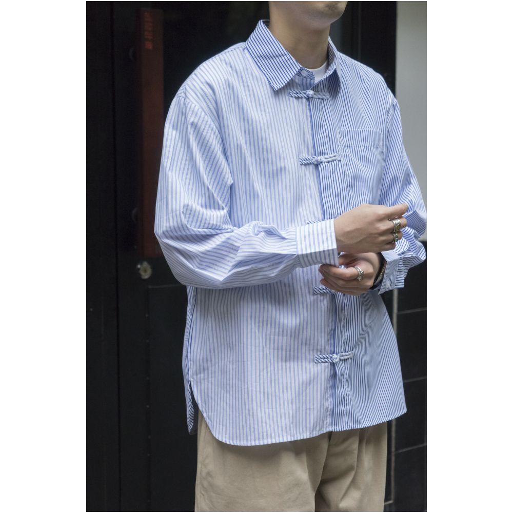 LABSTORE splicing stripes new Chinese style buttoned long sleeved lapel shirt loose silhouette Stripeshirt image 8