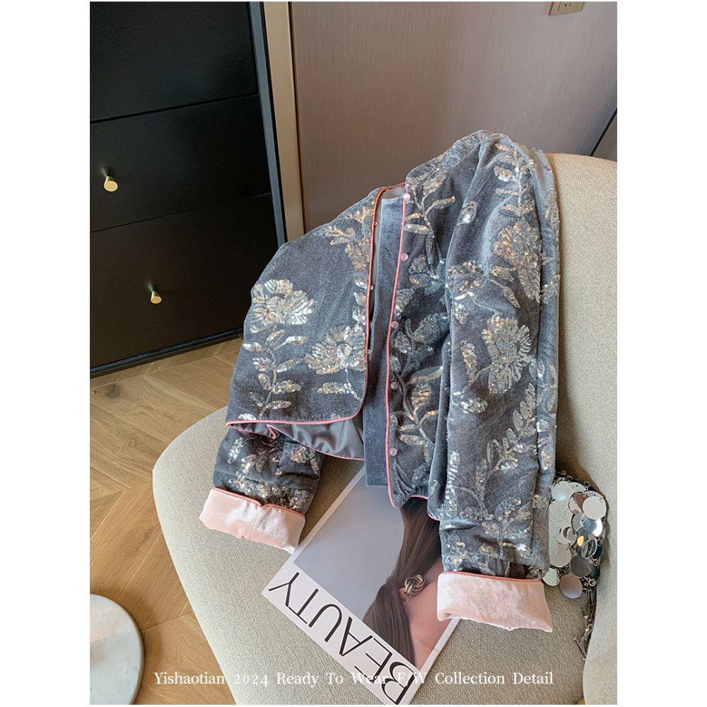 New Chinese style heavy sequin velvet embroidered jacket women autumn 2025 new high end temperament bamboo top image 2