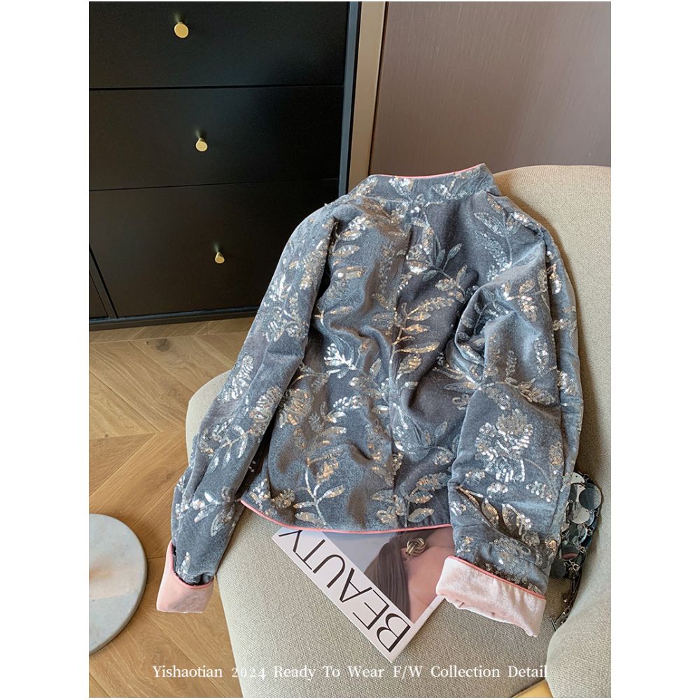 New Chinese style heavy sequin velvet embroidered jacket women autumn 2025 new high end temperament bamboo top image 3