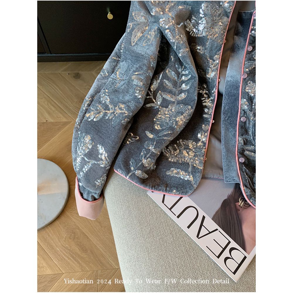 New Chinese style heavy sequin velvet embroidered jacket women autumn 2025 new high end temperament bamboo top image 4