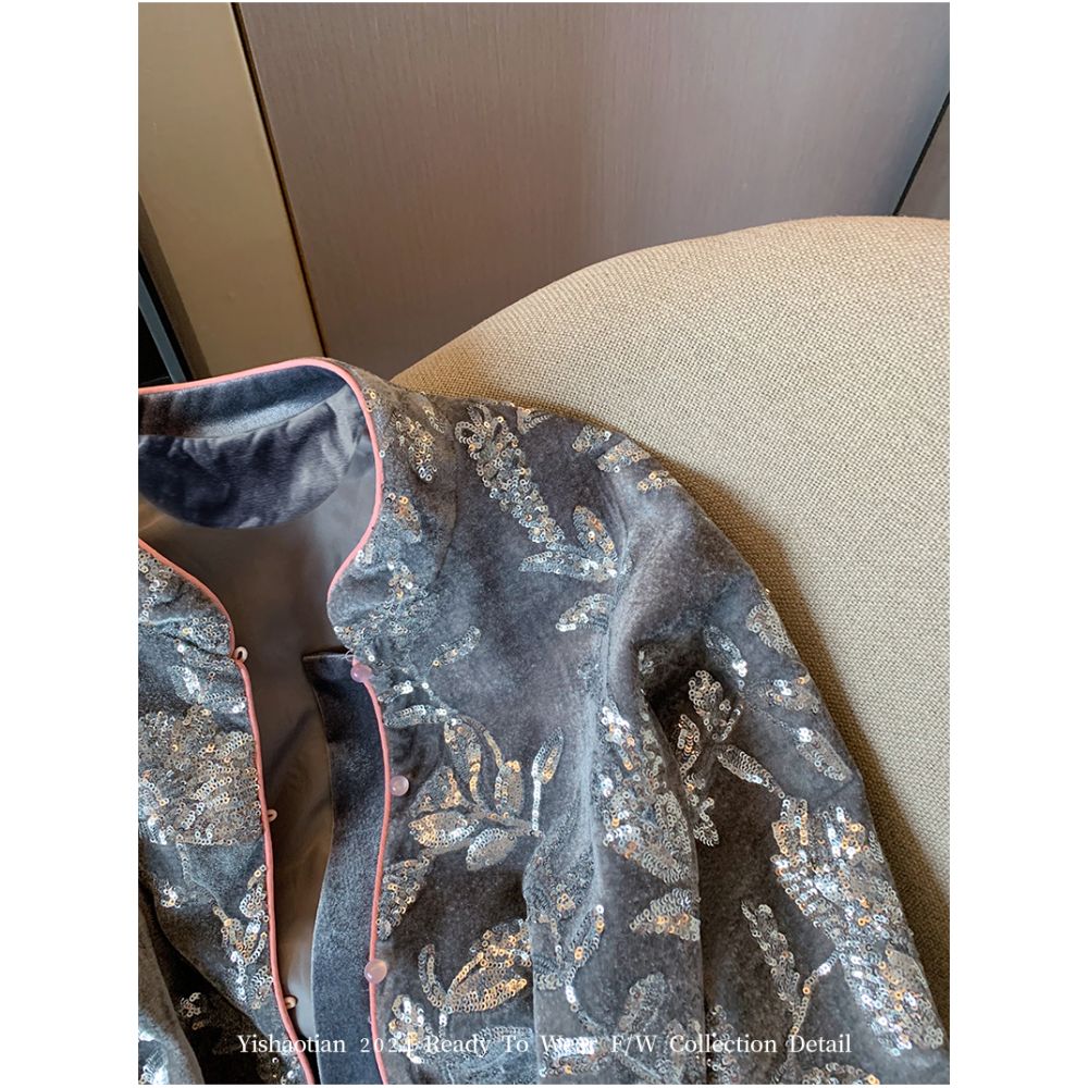 New Chinese style heavy sequin velvet embroidered jacket women autumn 2025 new high end temperament bamboo top image 5