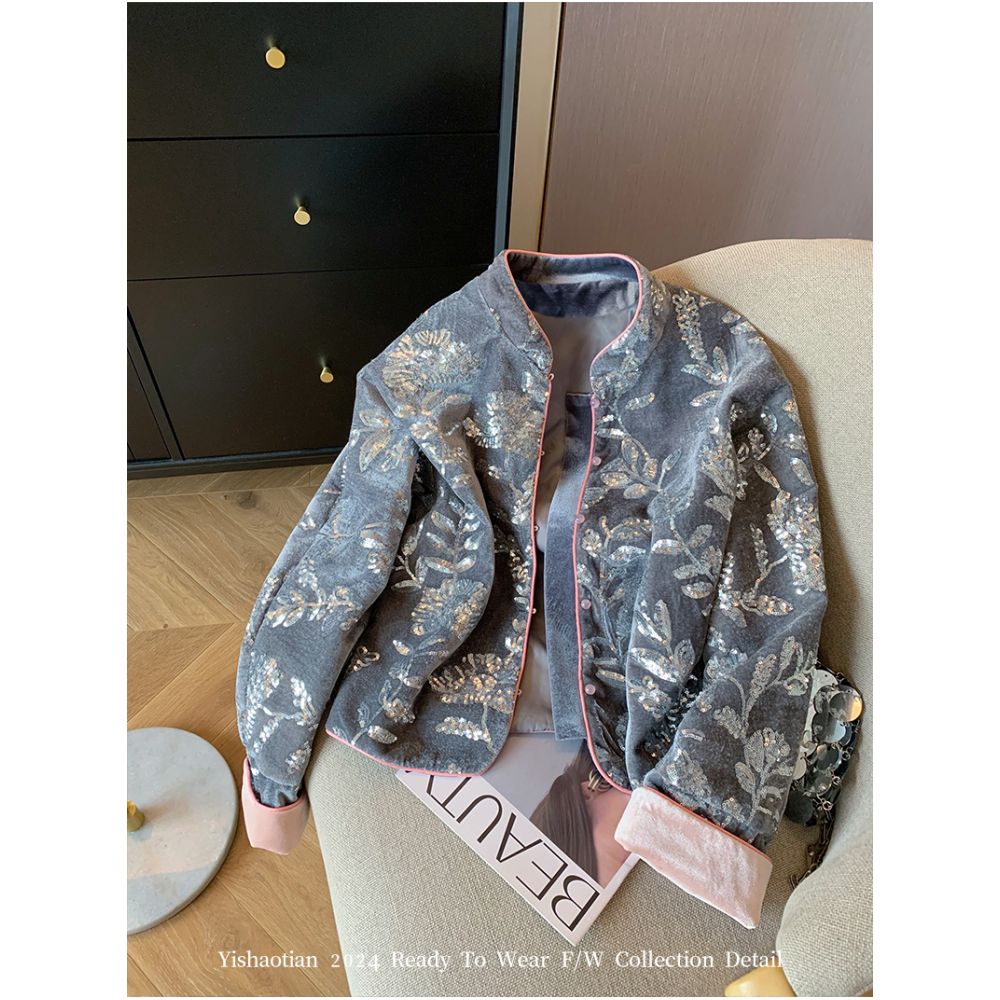 New Chinese style heavy sequin velvet embroidered jacket women autumn 2025 new high end temperament bamboo top image 0
