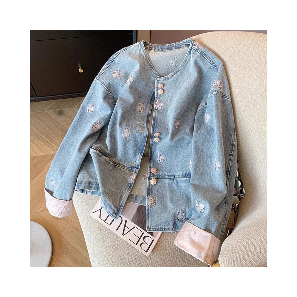 Chinese style denim jacket for spring unique and chic short cardigan paired with retro heavy industry embroidery new Chinese style top for women image 9