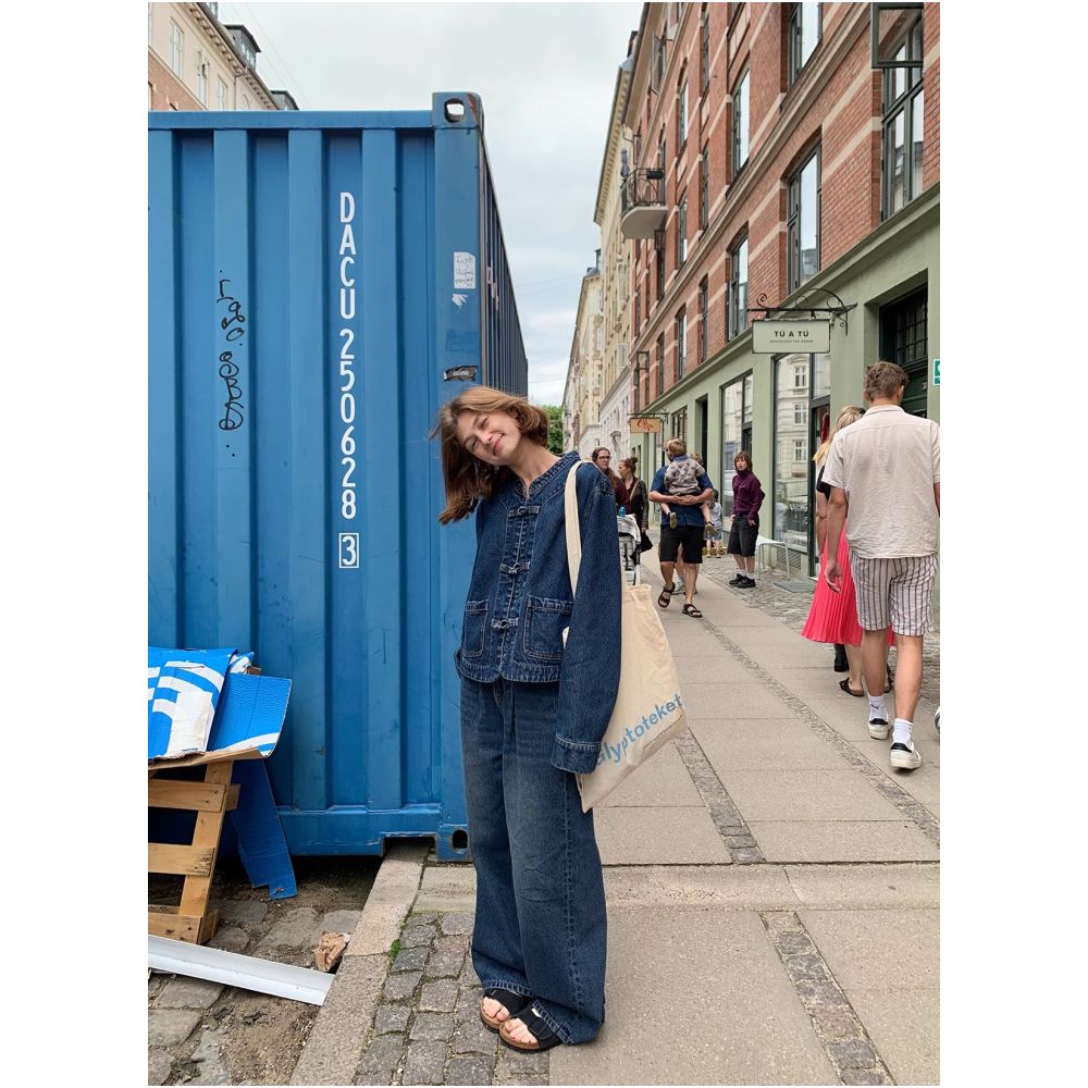 Fruit Core Universe New Chinese Button Denim Jacket Women s Spring and Autumn Private Wear Cobalt Blue Wide Leg Pants Set image 15