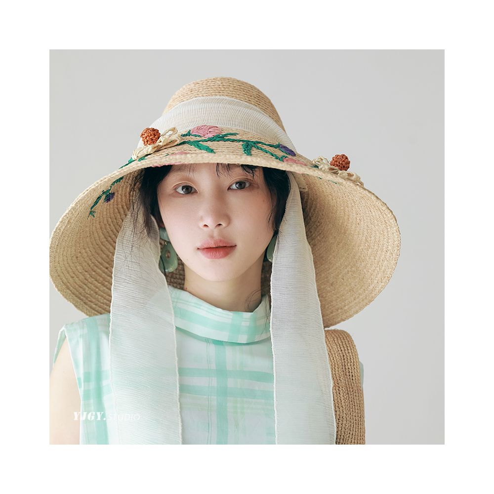 FUCHEMA designer s own large brimmed Lafite straw hat for women embroidered sun protection hat for spring and summer sun shading fisherman hat image 1