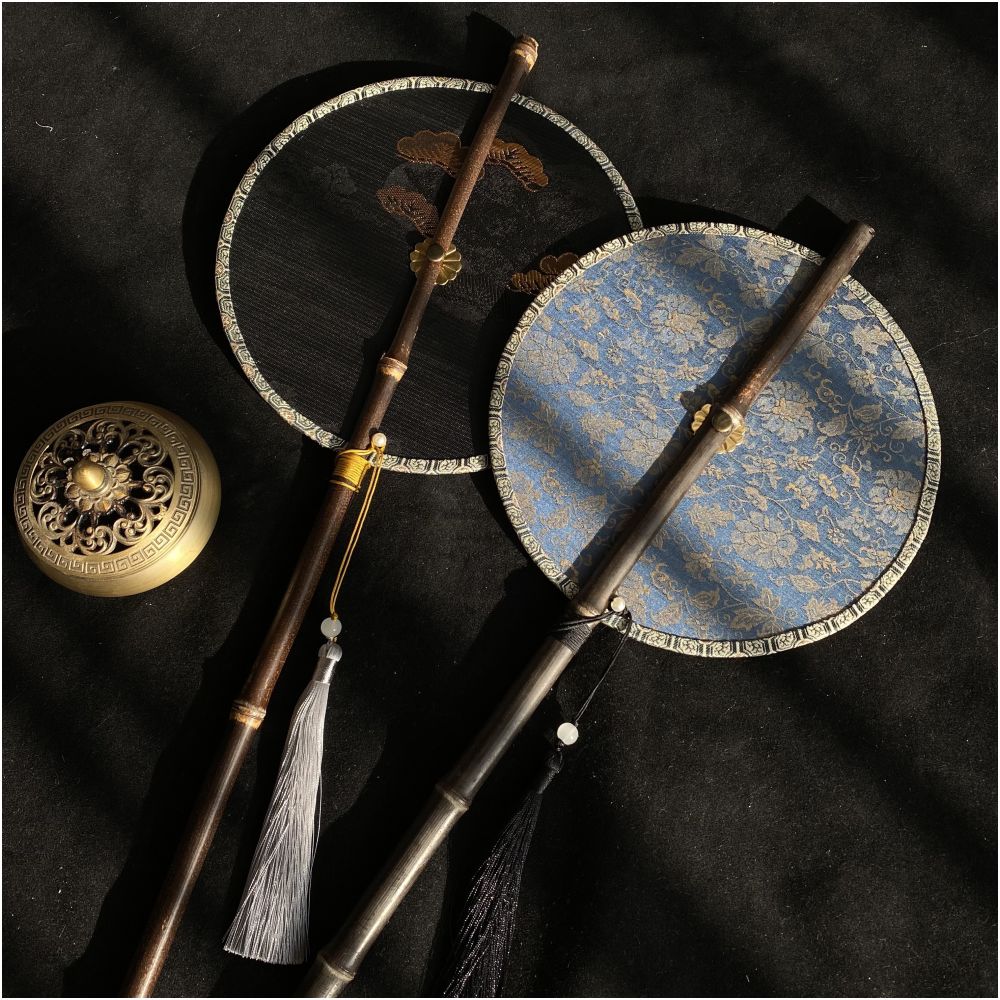 Ancient style purple bamboo waist fan Hanfu group fan Chinese style rollable and tortuous fan Classical long handle tassel fan Portable hanging waist fan image 0
