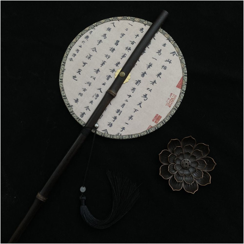 Ancient style purple bamboo waist fan Hanfu group fan Chinese style rollable and tortuous fan Classical long handle tassel fan Portable hanging waist fan image 8
