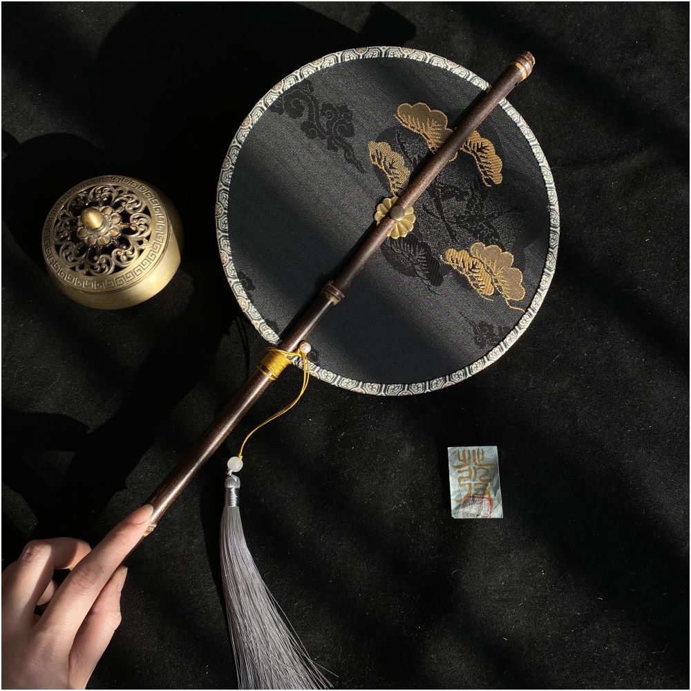 Ancient style purple bamboo waist fan Hanfu group fan Chinese style rollable and tortuous fan Classical long handle tassel fan Portable hanging waist fan image 17