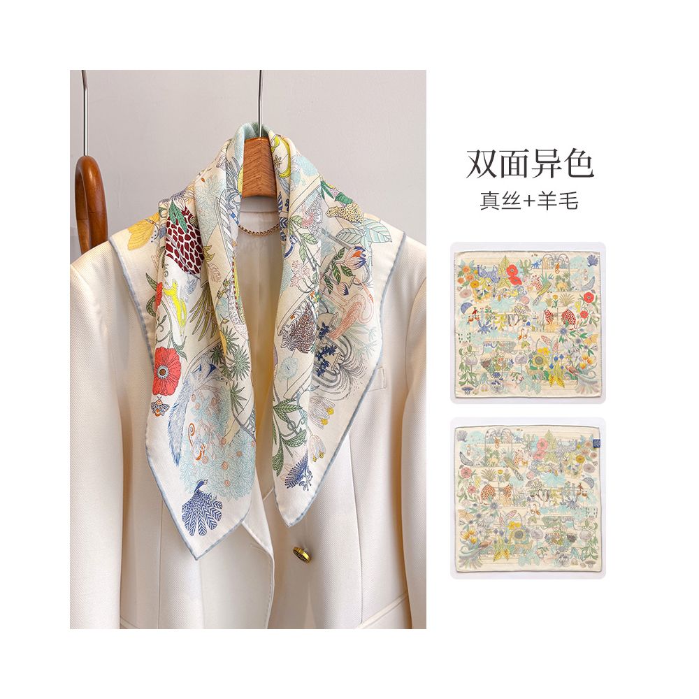 Silk wool scarf light luxury high end feeling autumn double sided triangular scarf shawl external tie neck scarf silk wool square scarf image 2