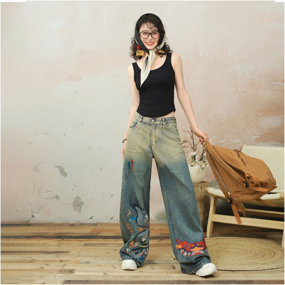 Su Luo Original Dragon Scale Sun Autumn New Loose Straight Chinese Style Dragon Embroidered Denim Pants Women image 3