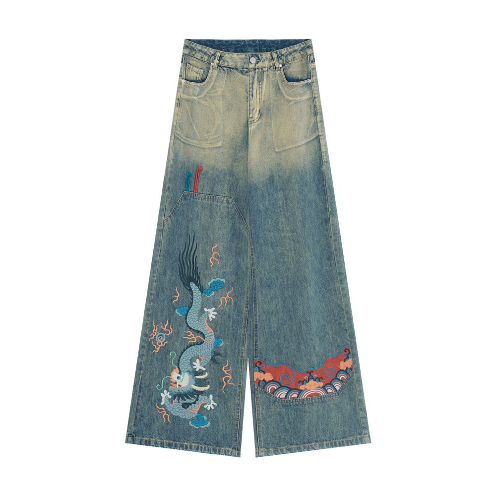 Su Luo Original Dragon Scale Sun Autumn New Loose Straight Chinese Style Dragon Embroidered Denim Pants Women image 6
