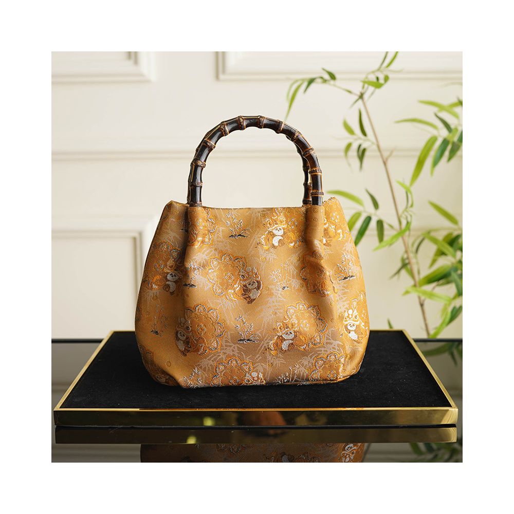 Panda lion dance heavyweight Song Jin intangible cultural heritage real silk and bamboo festival bag handbag Chinese style gold niche one shoulder handbag image 1