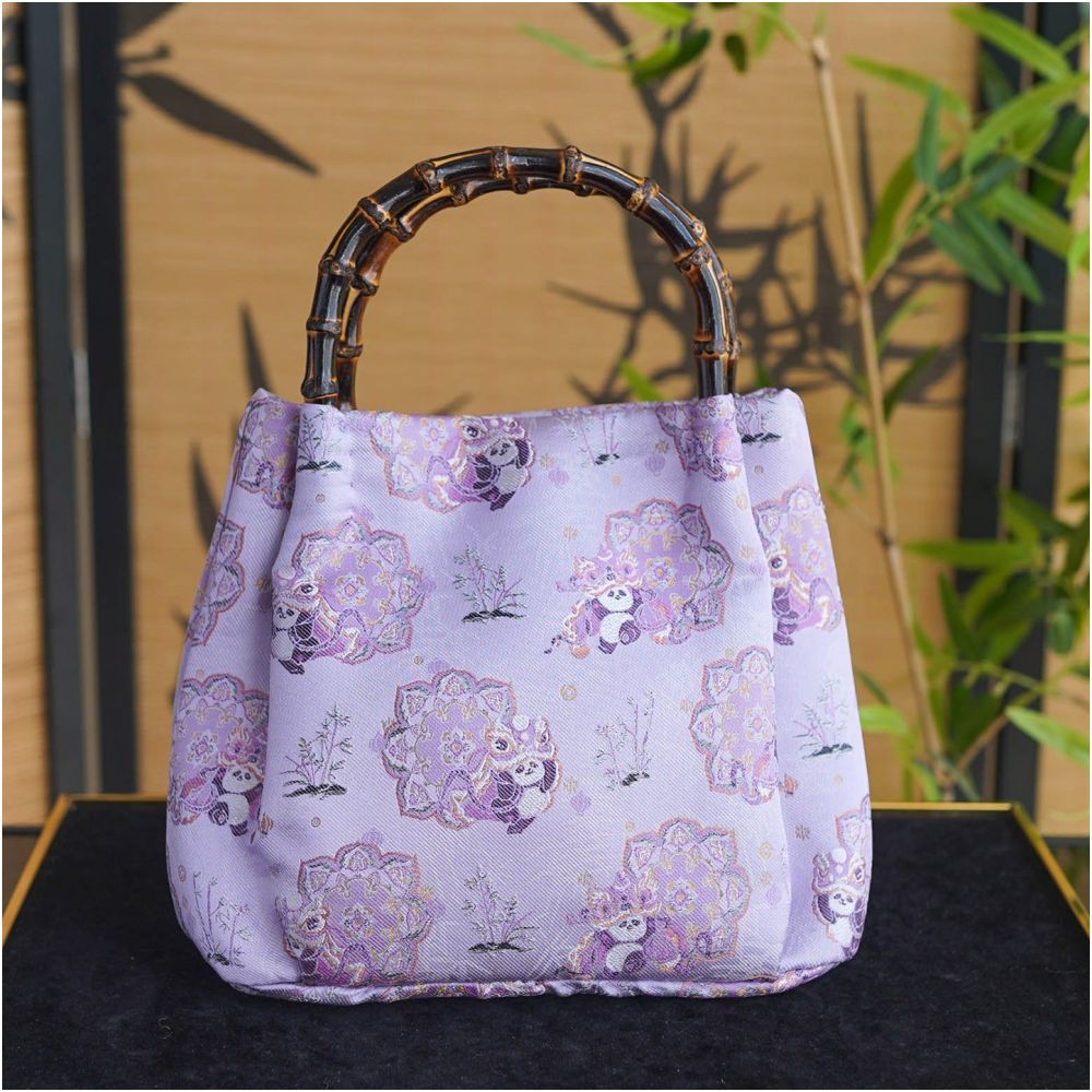 Panda lion dance heavyweight Song Jin intangible cultural heritage real silk and bamboo festival bag handbag Chinese style gold niche one shoulder handbag image 8