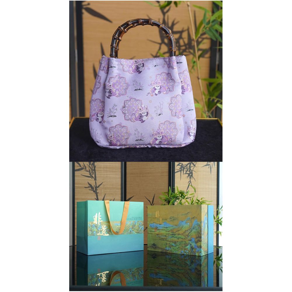 Panda lion dance heavyweight Song Jin intangible cultural heritage real silk and bamboo festival bag handbag Chinese style gold niche one shoulder handbag image 9