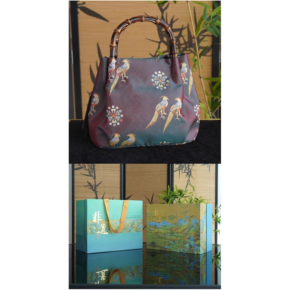 Panda lion dance heavyweight Song Jin intangible cultural heritage real silk and bamboo festival bag handbag Chinese style gold niche one shoulder handbag image 15