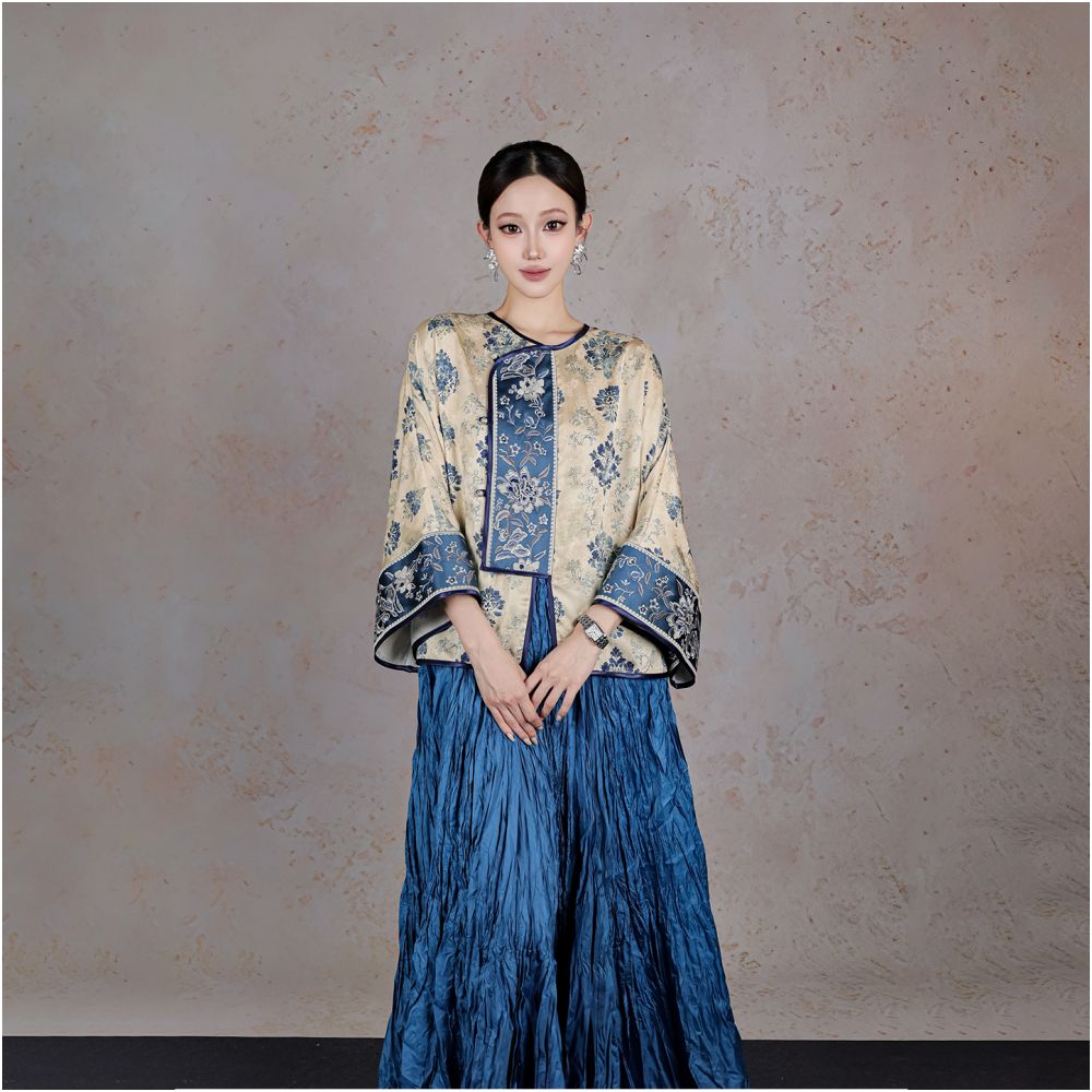 BYLU Fu Lan Gui New Chinese style contrast color stitching embroidery top satin jacquard loose long sleeved shirt image 3
