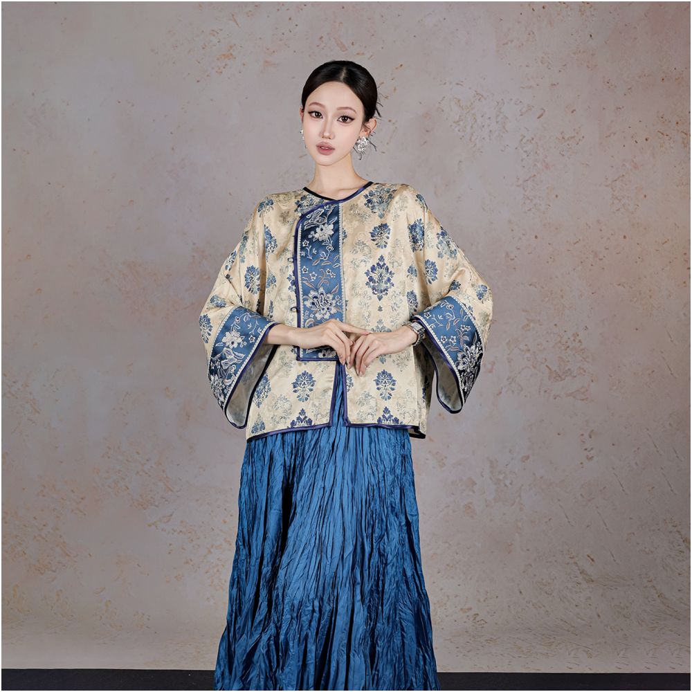 BYLU Fu Lan Gui New Chinese style contrast color stitching embroidery top satin jacquard loose long sleeved shirt image 4