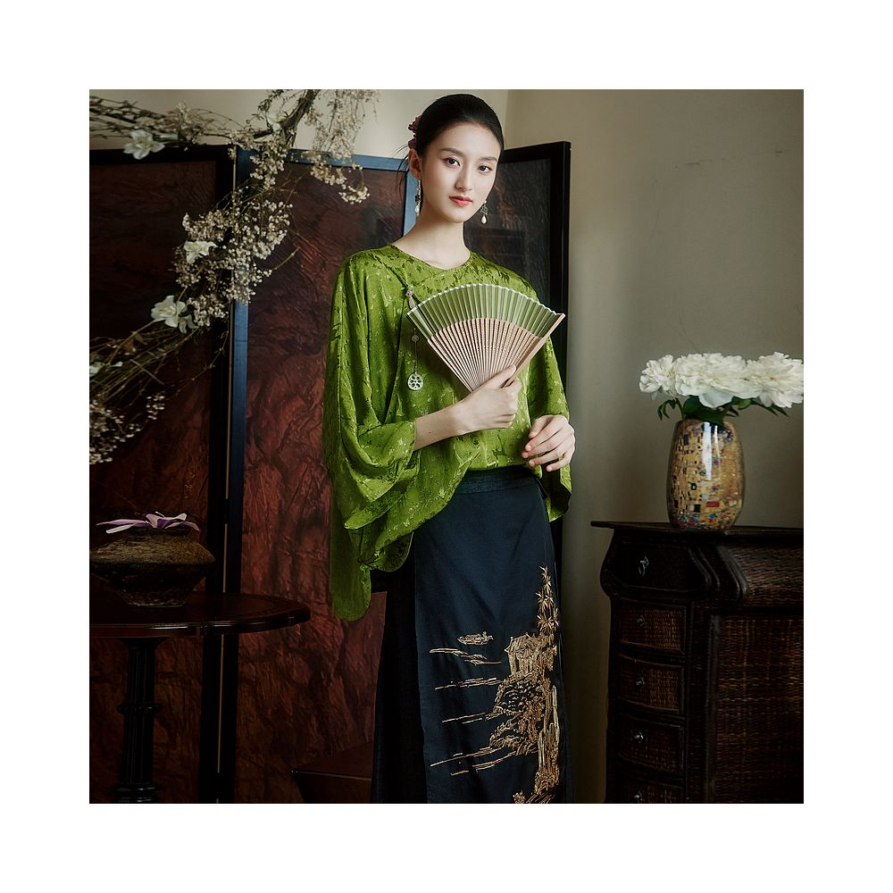 Moyu Green Grass Chinese Style Jacquard Satin Round Neck Retro Tea Dress Shirt Summer New Chinese Tang Dress Top image 8