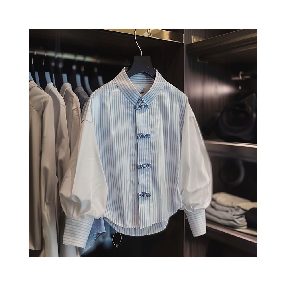 Big figure on the upper body Tang style retro new Chinese blue striped Polo shirt chic top image 6