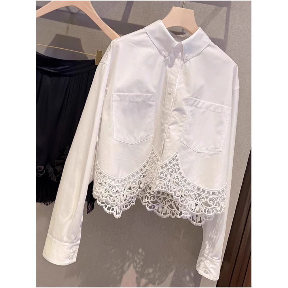 ASAYA4926 – White Lace Hem Satin Shirt 🤍✨