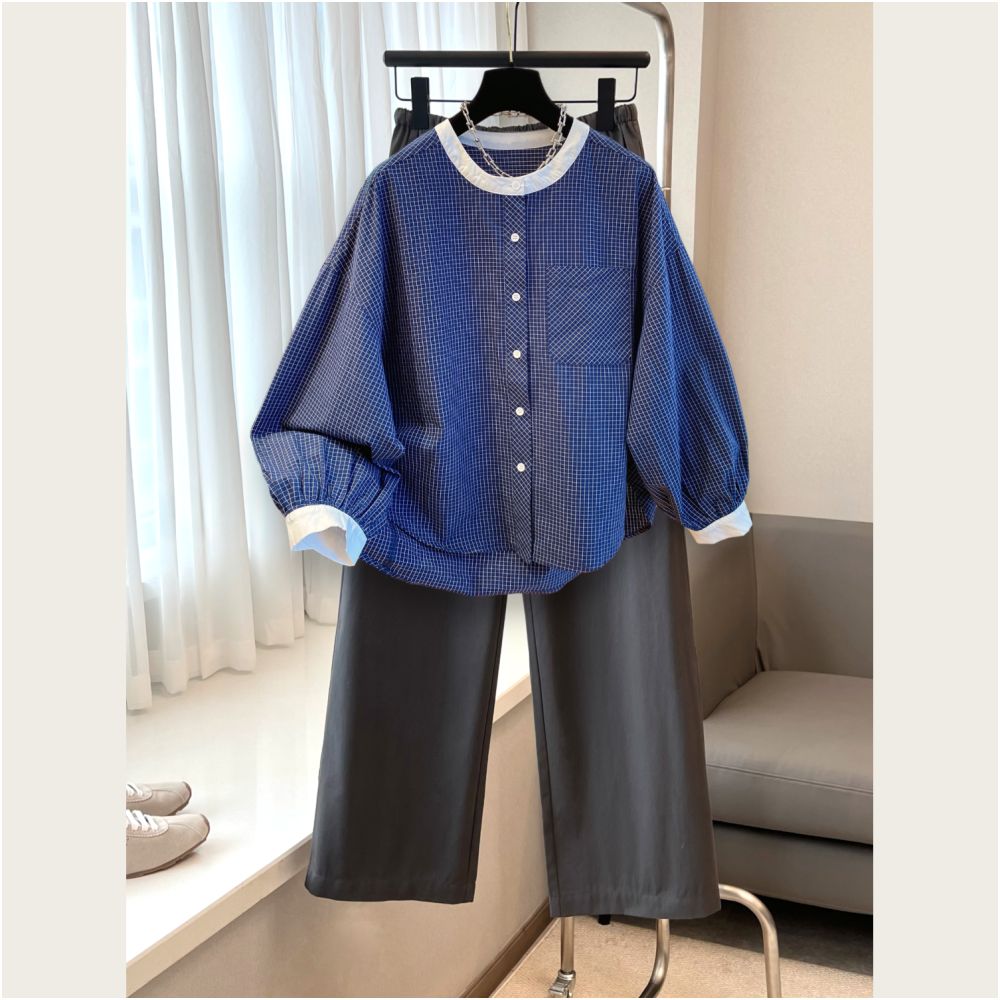 Great looking artistic small plaid shirt for women in early autumn round neck lantern sleeves loose and slimming style versatile new top image 8