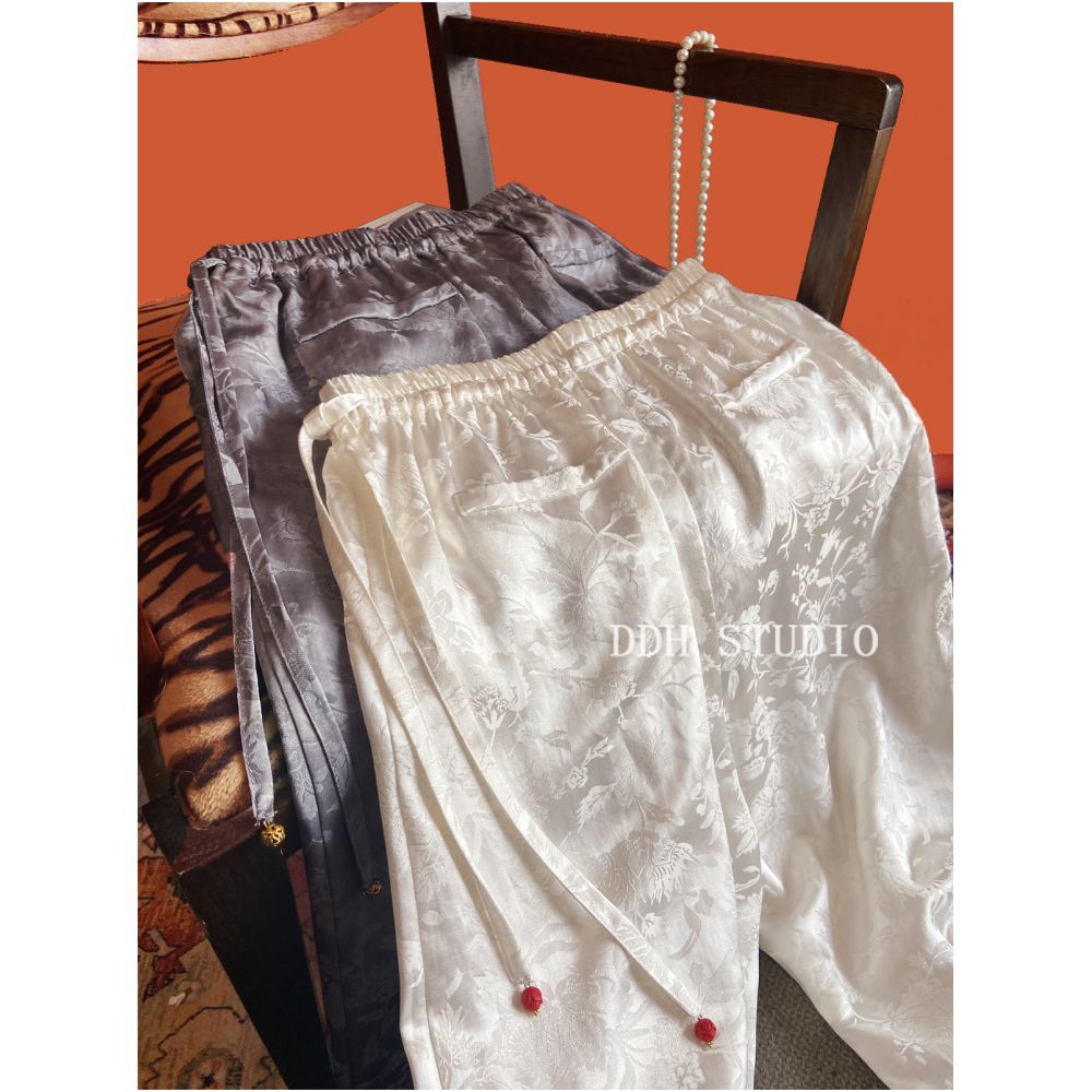 New Chinese style retro jacquard elastic waist tie wide leg pants spring and summer all match slim pocket casual pants image 3