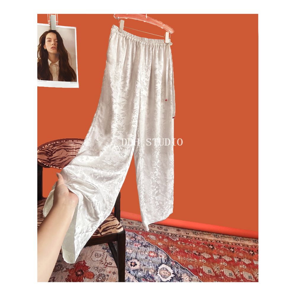 New Chinese style retro jacquard elastic waist tie wide leg pants spring and summer all match slim pocket casual pants image 4