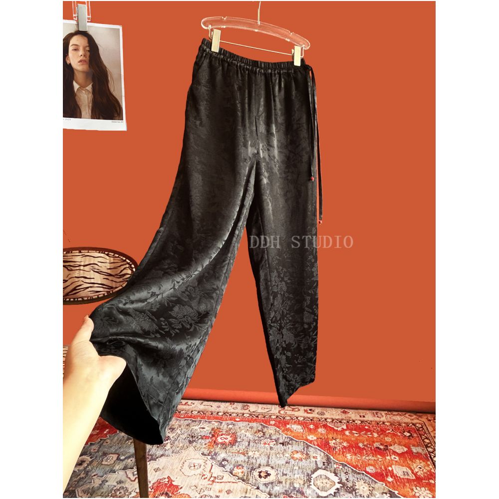 New Chinese style retro jacquard elastic waist tie wide leg pants spring and summer all match slim pocket casual pants image 14