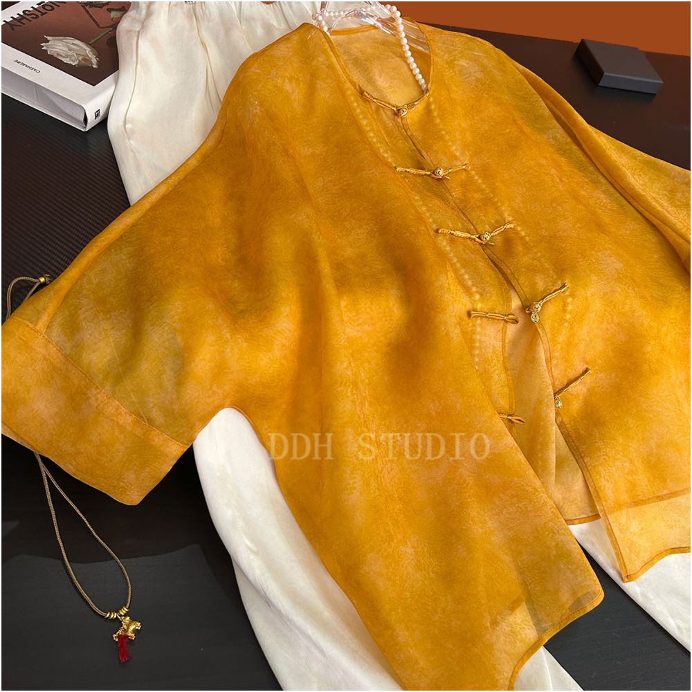 New Chinese style retro versatile silk organza five quarter sleeve loose round neck buckle short jacket summer new style image 2