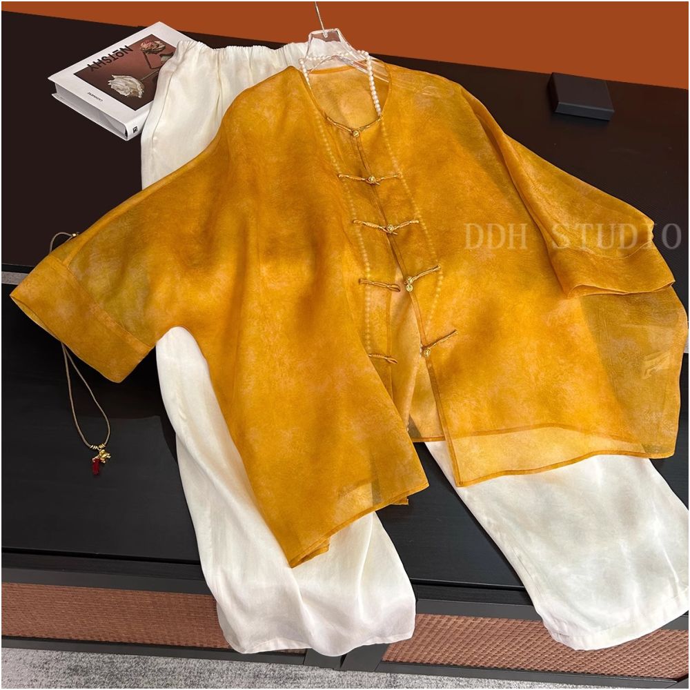New Chinese style retro versatile silk organza five quarter sleeve loose round neck buckle short jacket summer new style image 7