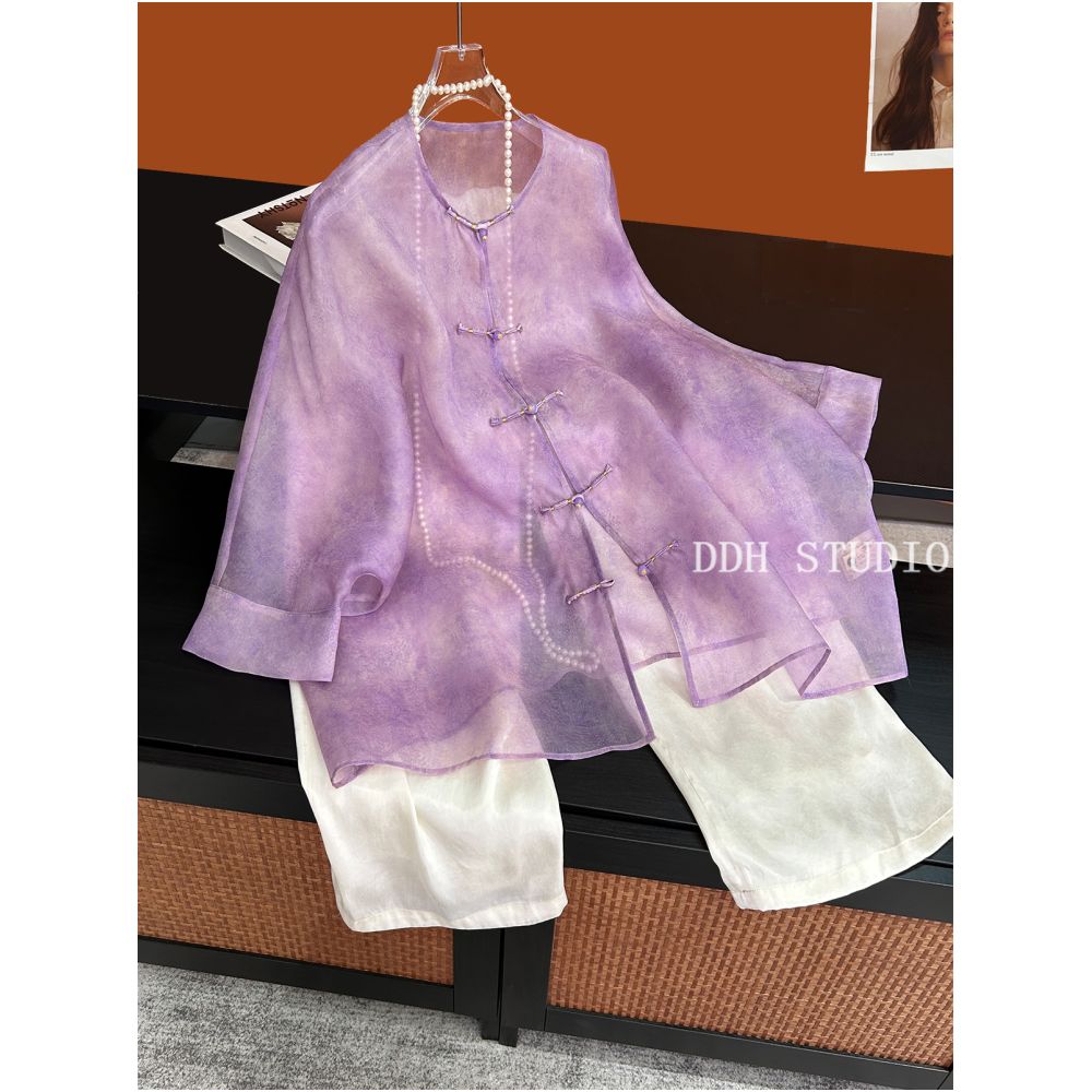 New Chinese style retro versatile silk organza five quarter sleeve loose round neck buckle short jacket summer new style image 10