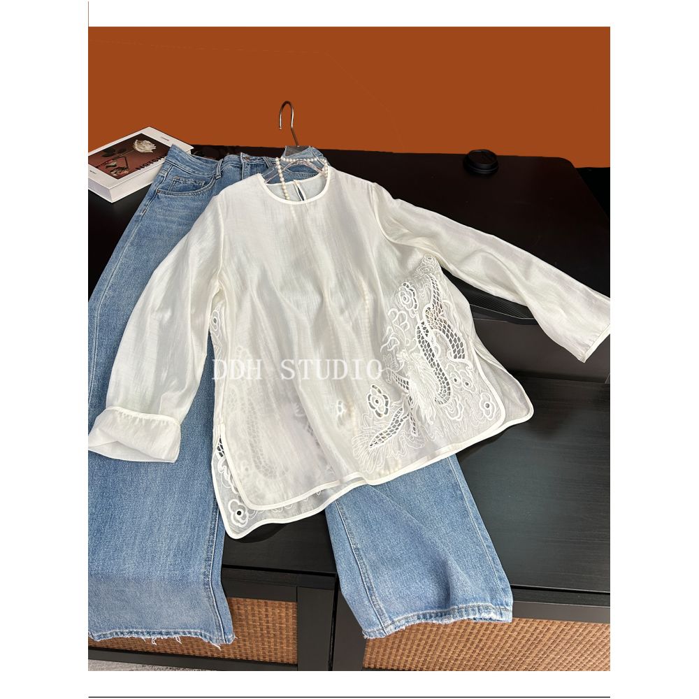 New Chinese style dragon pattern hollow design shirt skin friendly Tencel 2025 spring and summer new loose top image 6