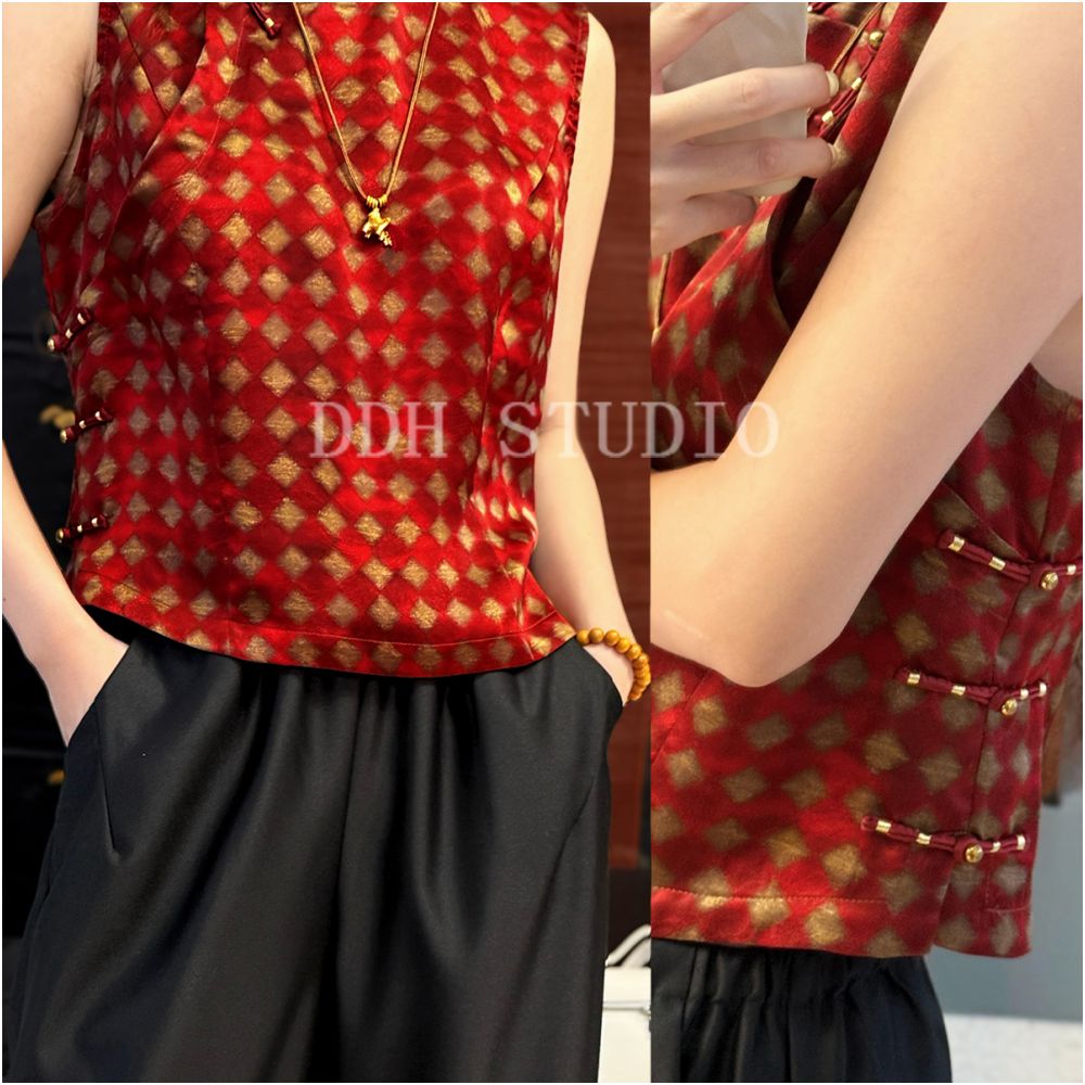 New Chinese style mulberry silk Xiangyunsha retro plaid print improved cheongsam buttoned silk top summer image 2