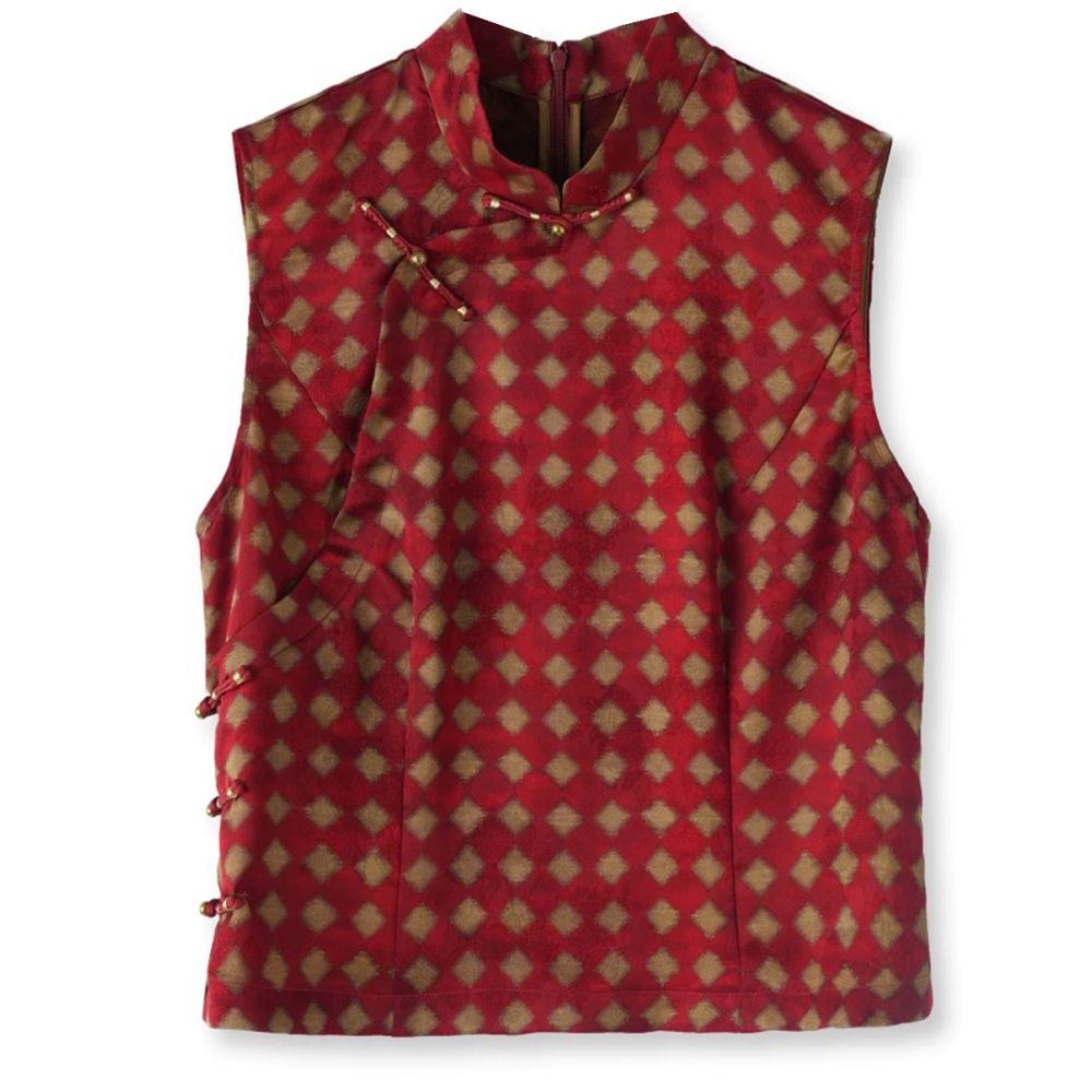 New Chinese style mulberry silk Xiangyunsha retro plaid print improved cheongsam buttoned silk top summer image 3