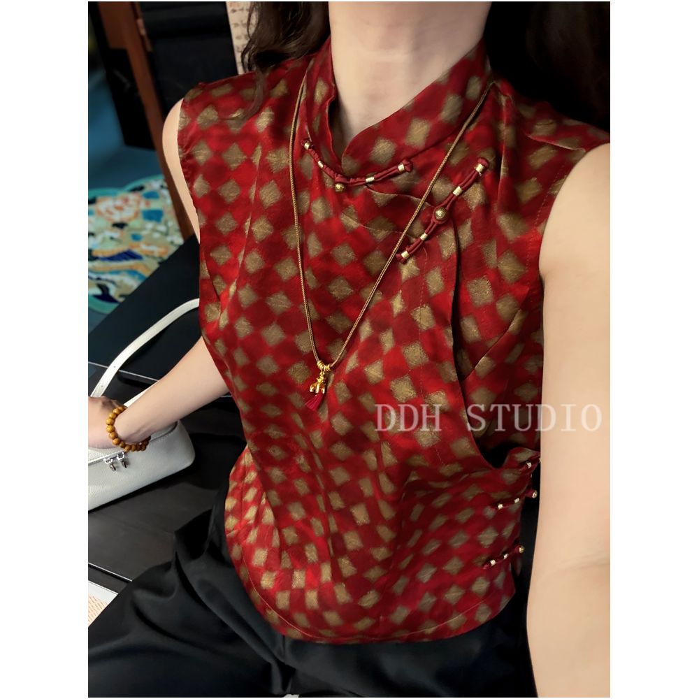 New Chinese style mulberry silk Xiangyunsha retro plaid print improved cheongsam buttoned silk top summer image 6