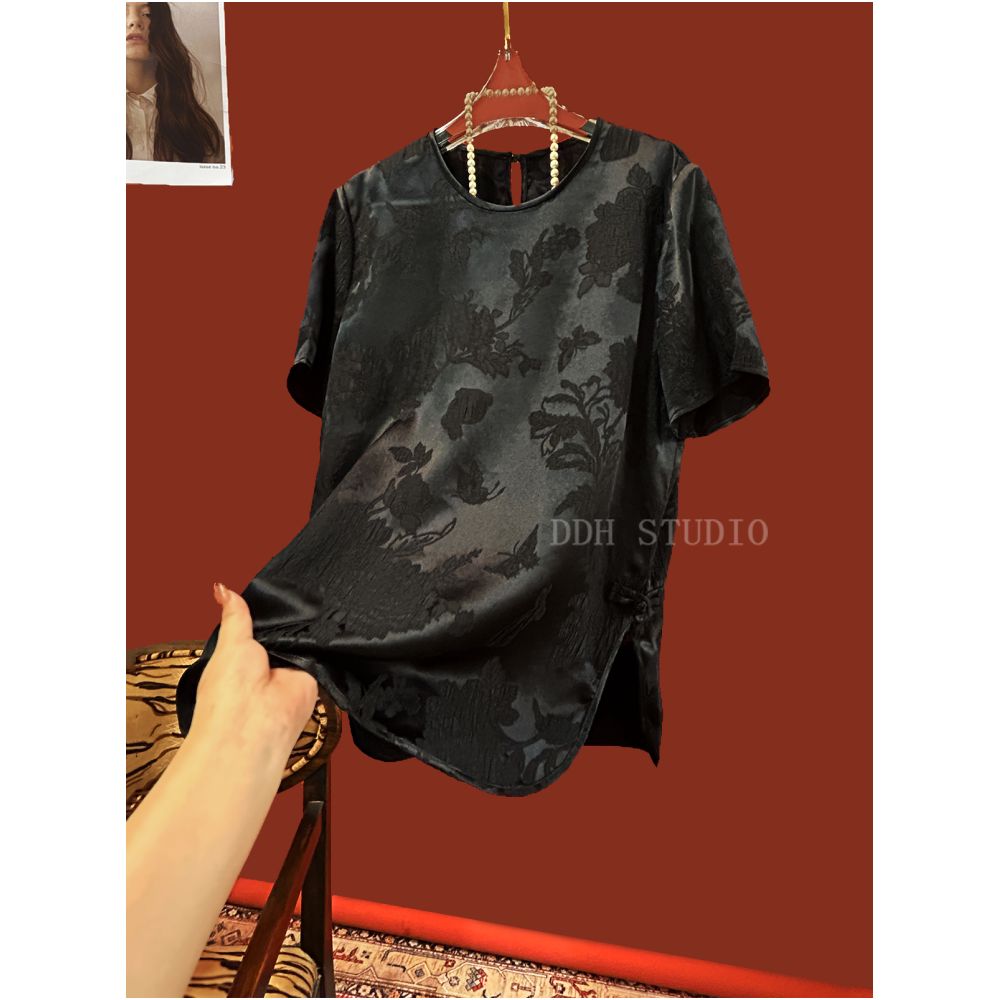 New Chinese style retro silk crown crepe short sleeve round neck age reducing shirt women s summer design slit image 13