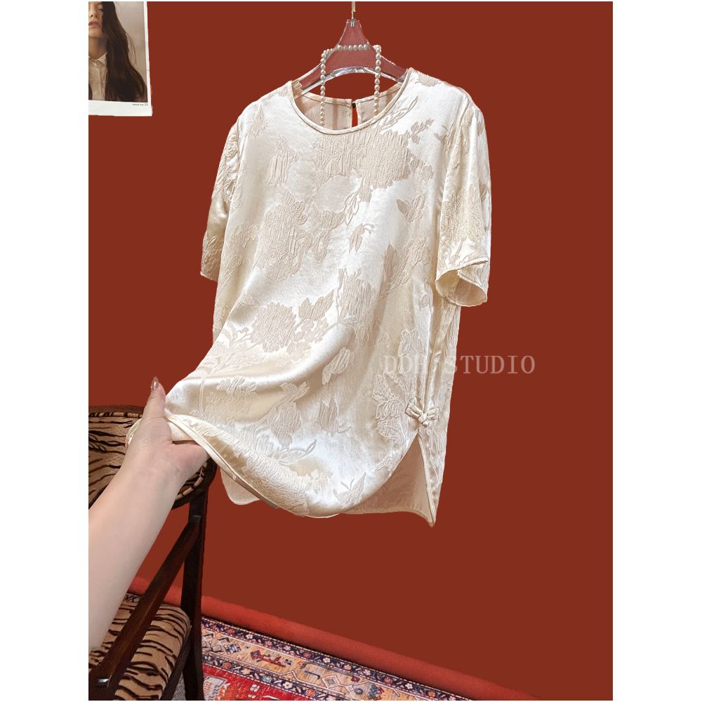 New Chinese style retro silk crown crepe short sleeve round neck age reducing shirt women s summer design slit image 17