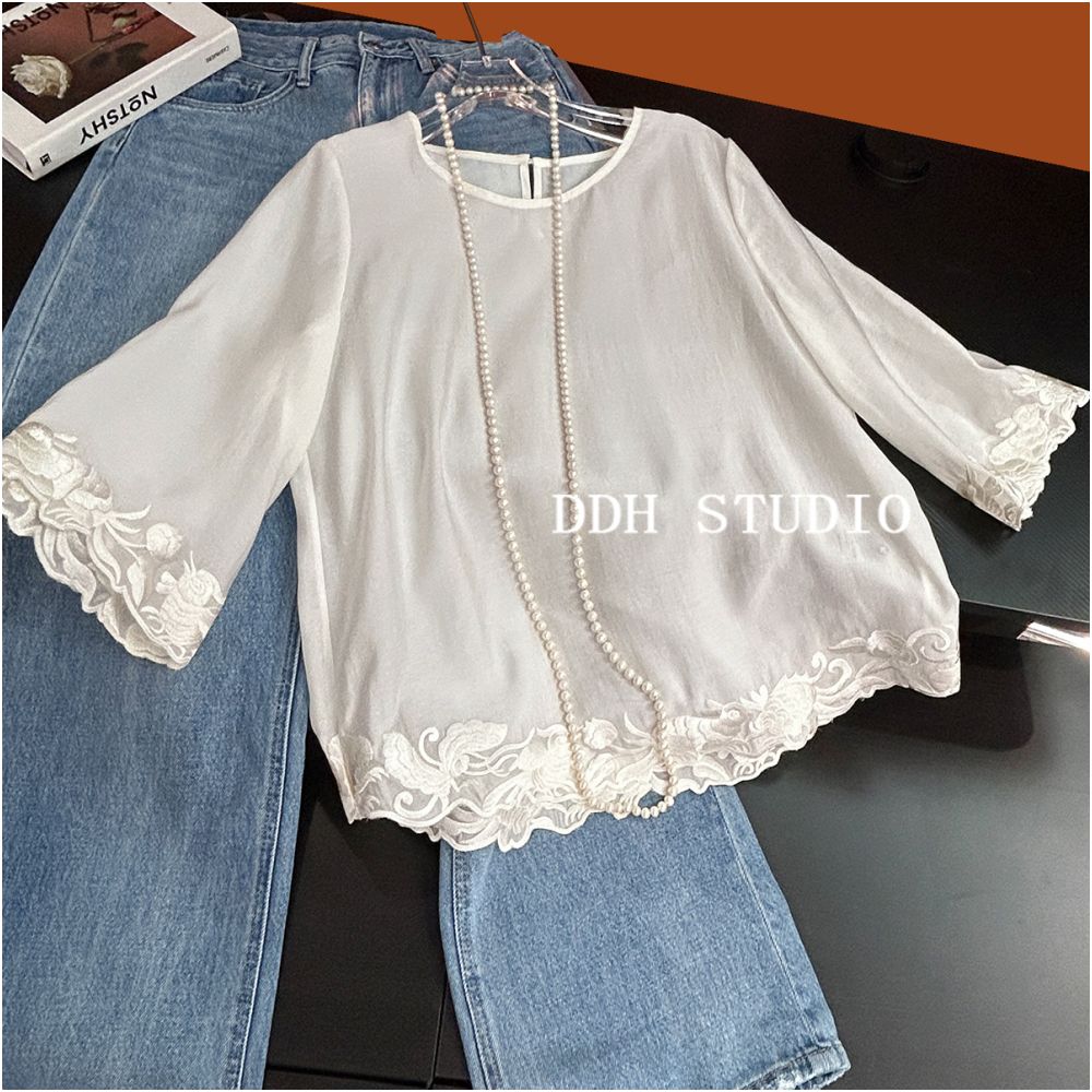 New Chinese style Jade Rabbit Koi Carp Loose Five Sleeve Retro Sunscreen Tencel Shirt Top for Spring Summer 2025 image 1