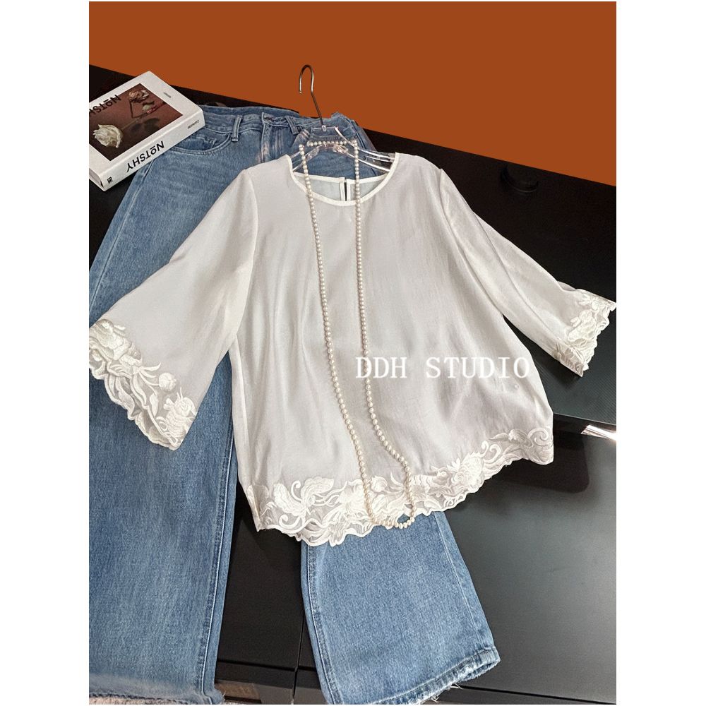 New Chinese style Jade Rabbit Koi Carp Loose Five Sleeve Retro Sunscreen Tencel Shirt Top for Spring Summer 2025 image 6