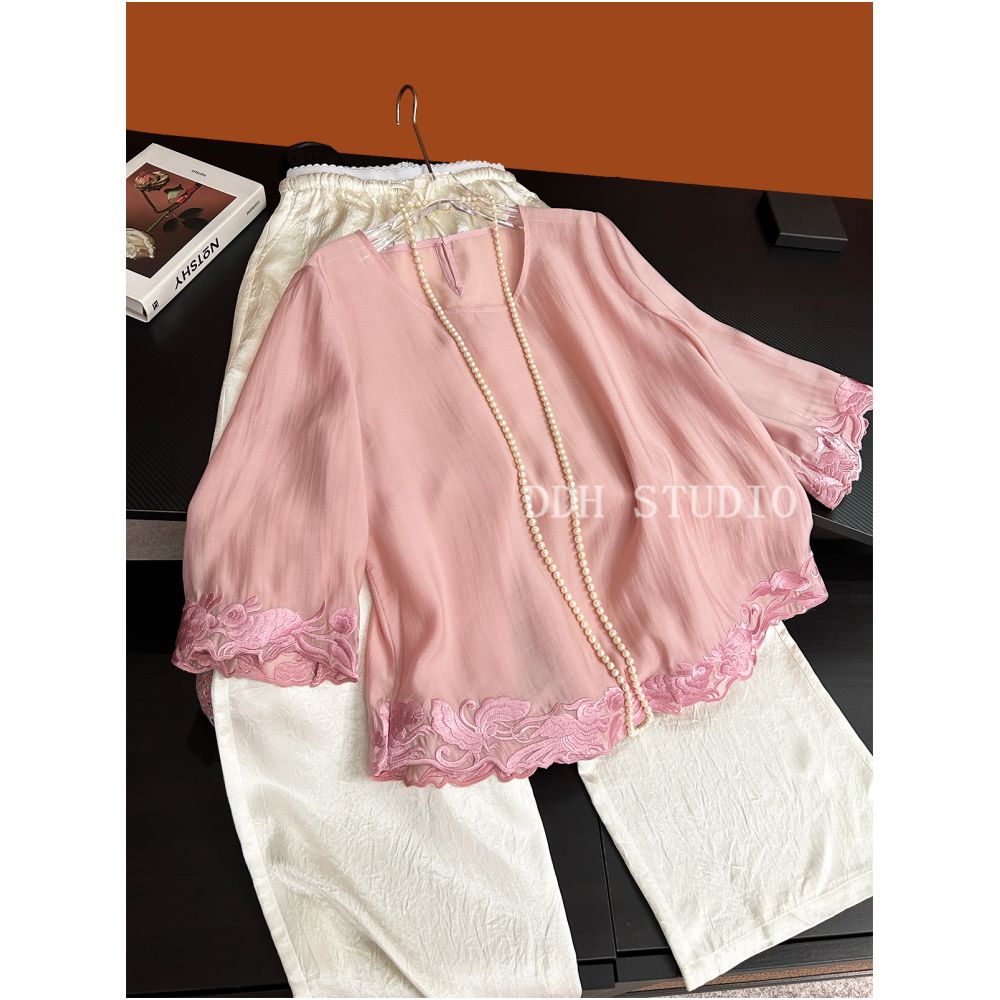 New Chinese style Jade Rabbit Koi Carp Loose Five Sleeve Retro Sunscreen Tencel Shirt Top for Spring Summer 2025 image 9