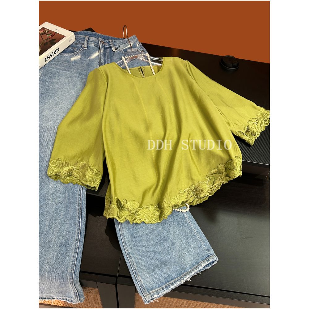 New Chinese style Jade Rabbit Koi Carp Loose Five Sleeve Retro Sunscreen Tencel Shirt Top for Spring Summer 2025 image 12